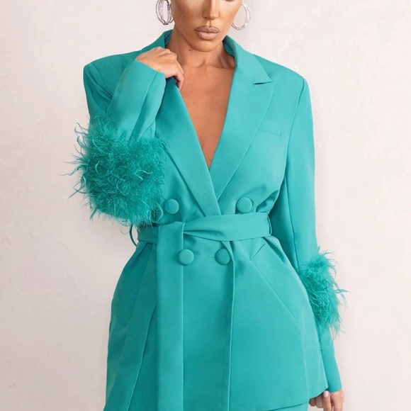 Turquoise Blazer with Feathers and Turquoise Pants - Picture 2 of 2